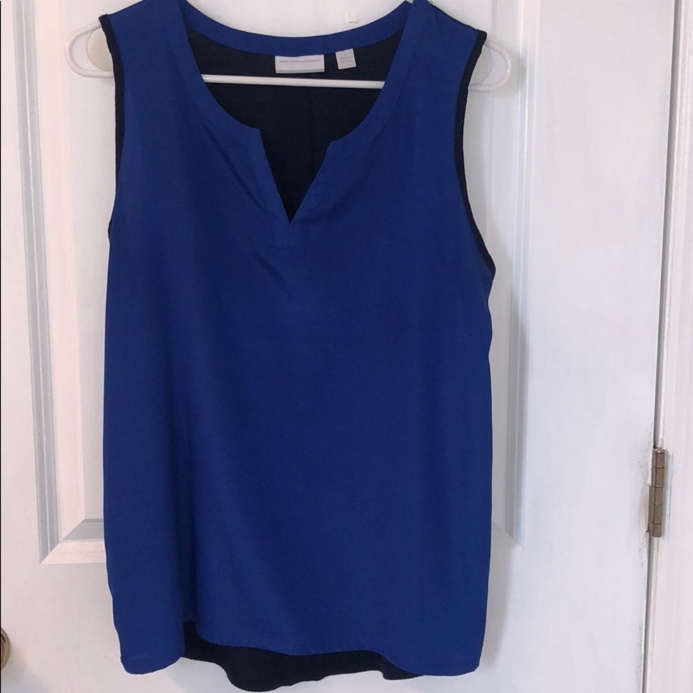New York & Co royal and navy sleeveless blouse